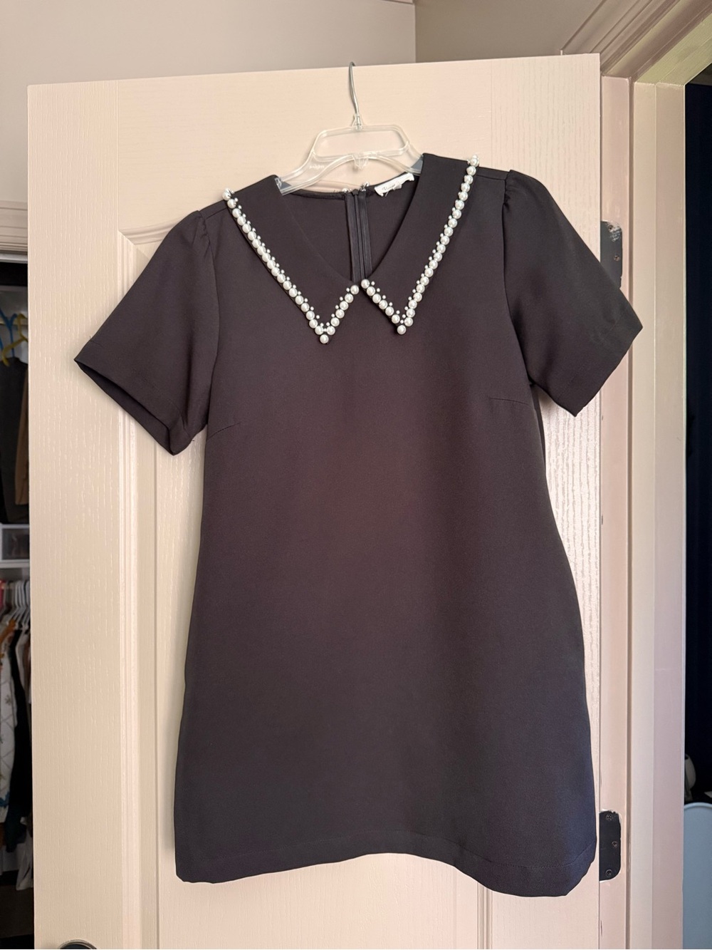 Black Pearl-Trim Short Sleeve Shift Dress